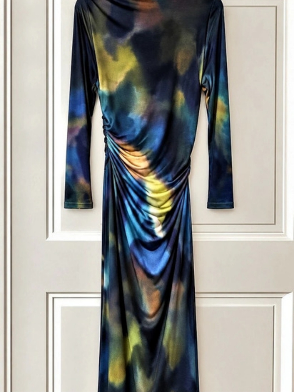Abstract Print Draped Maxi Dress in Blue & Green Like New